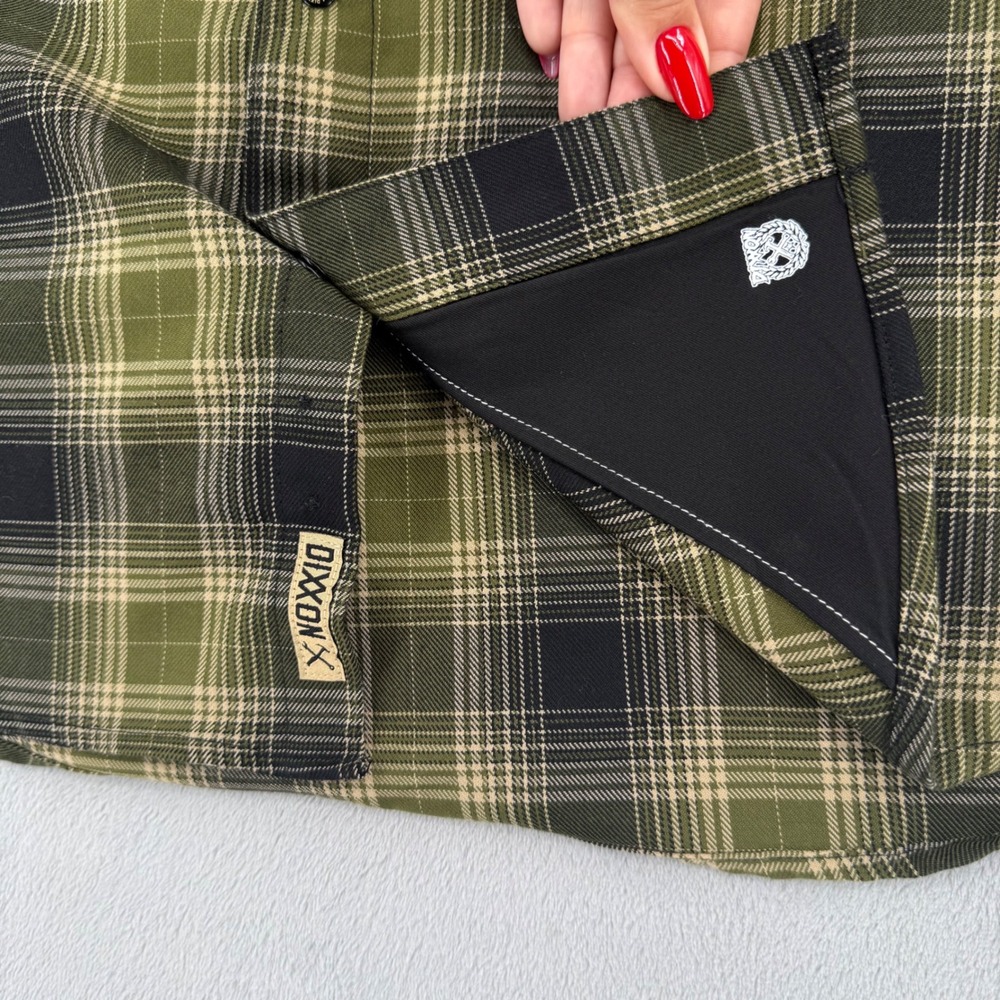 Dixxon Flannel Action Olive Green Black Plaid D-Tech Snap Button Shirt Mens M - Picture 9 of 16